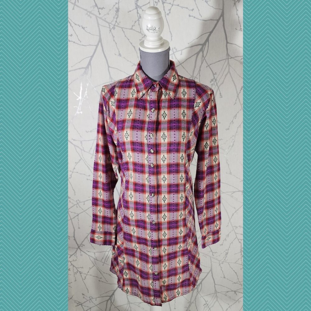 Wrangler Rock 47 Purple Plaid Aztec Printed Button Front Shirt Dress